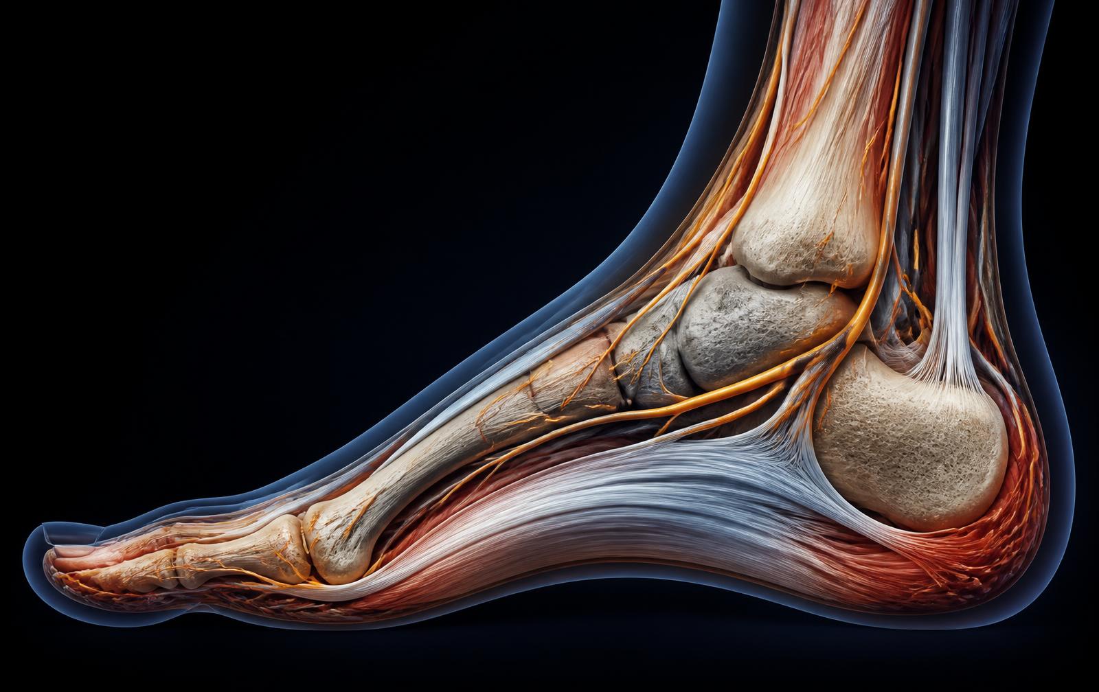 Anatomical illustration of the foot and ankle in profile showing the plantar fascia, heel, tendons and nerves of the sole