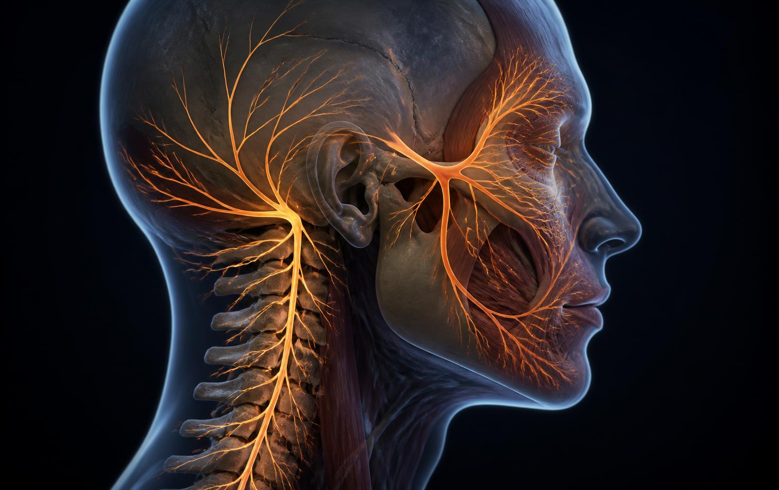 Anatomical illustration of the head and neck showing occipital nerve pathways and the upper cervical vertebrae