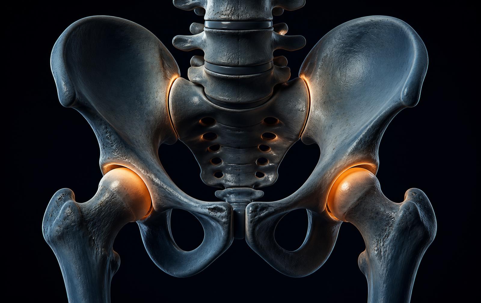 Anatomical illustration of the pelvis and hip joints with the lower lumbar spine and sacroiliac joints