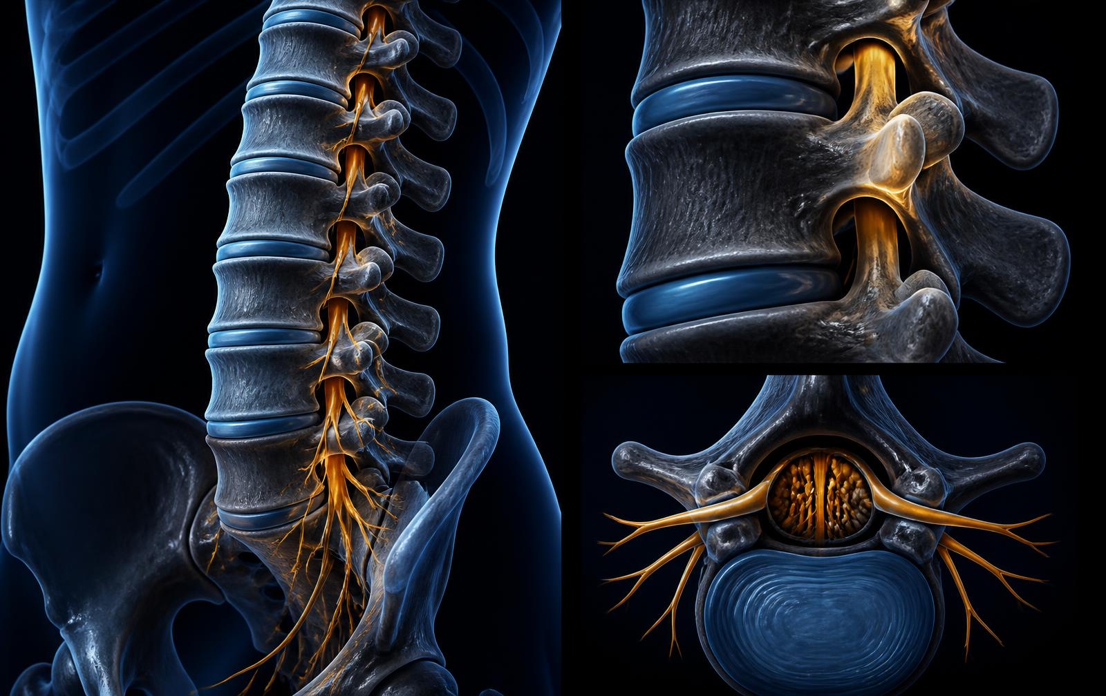 Anatomical illustration of the lumbar spine showing vertebrae, intervertebral discs, facet joints and nerve roots