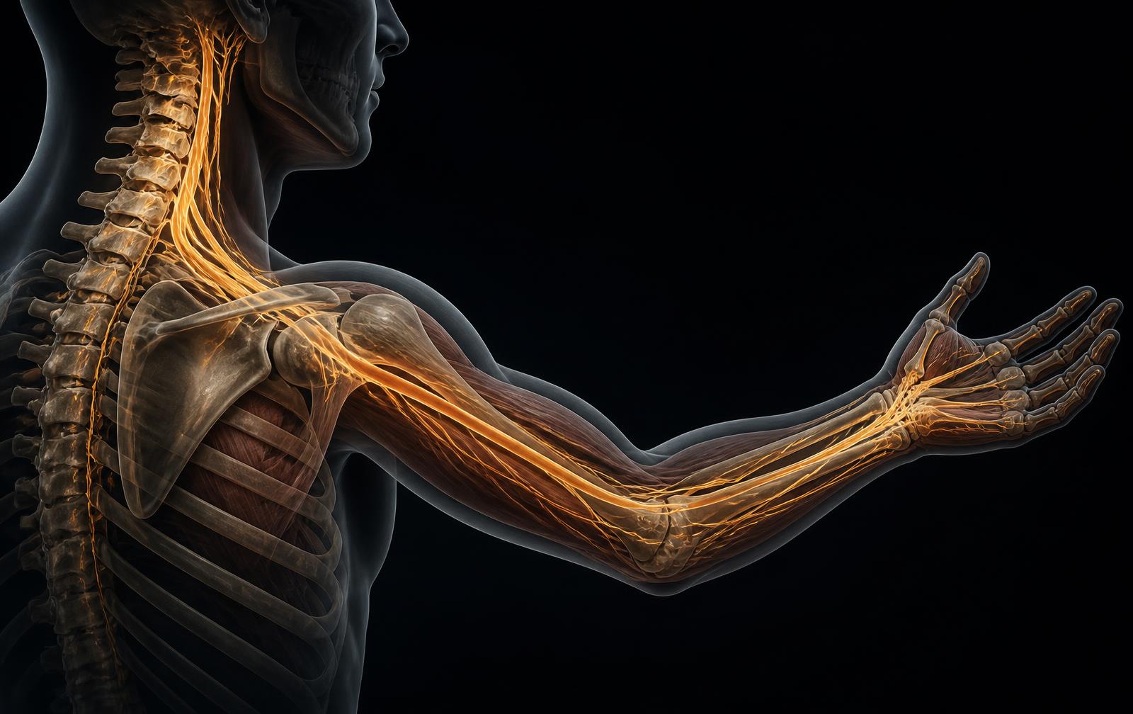 Anatomical illustration showing nerve pathways running from the cervical spine through the shoulder, arm and hand