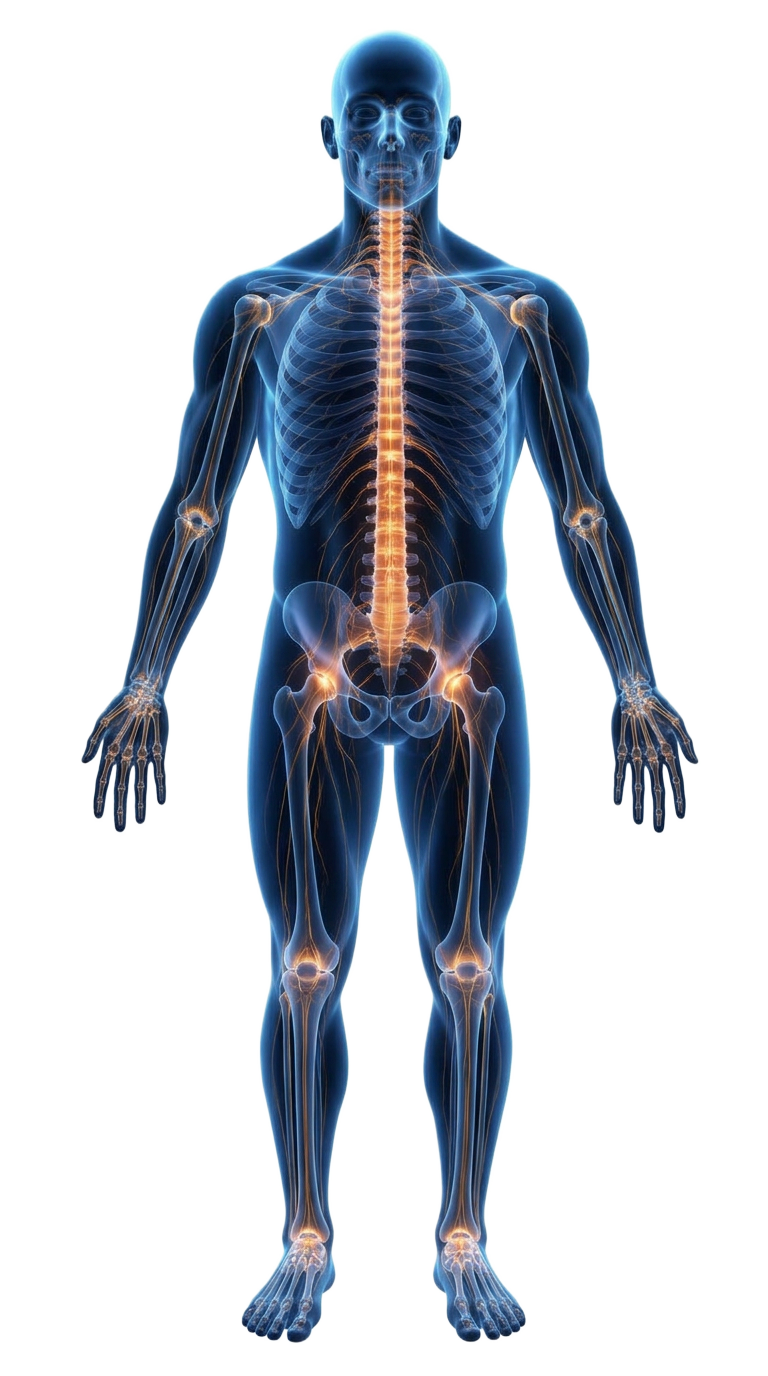 Anatomical visualization of the full human body highlighting the spine, joints and nerve pathways