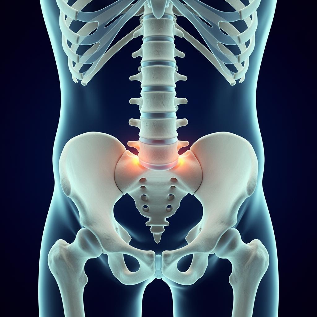 Clean 3D medical illustration of the human pelvis and sacroiliac joint